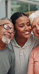 Physical therapy, face and senior couple hug in clinic for support, laugh or medical rehabilitation. Physiotherapy, healthcare or portrait of happy people with help, embrace or funny in retirement