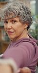 Elderly, happy woman and stretching arms with physiotherapist for exercise or muscle recovery. Senior, female person or smile with therapist for balance, health and wellness together in clinic