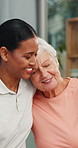 Physiotherapist, hug and senior woman in clinic for support, trust or thank you for rehabilitation. Physical therapy, healthcare or embrace with happy patient for medical help, recovery or retirement