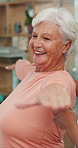 Senior, happy woman and stretching arms with physiotherapist for exercise or muscle recovery. Elderly, female person or smile with therapist for balance, health and wellness together in clinic