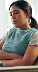 Stomach pain, sofa and woman in home with menstruation, constipation or endometriosis symptoms. Belly ache, sick and female person with abdominal cramps for ibs, indigestion or diarrhea in house.
