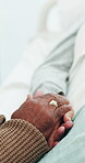 Love, holding hands and empathy with old couple in hospital for terminal diagnosis, support and healthcare. Medical, help and comfort with senior patient in clinic for care, trust and cancer result