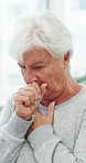 Chest pain, coughing and senior woman in clinic for checkup with lung infection, asthma or heartburn. Medical consultation, discomfort and elderly female patient with respiratory virus in office.
