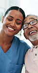 Laugh, hug and caregiver with senior man in nursing home for support, care and connection together. Retirement, healthcare and nurse with elderly person with funny joke for embrace, bonding and humor