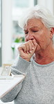 Senior, woman and cough with doctor for consultation, medical checkup or diagnosis in clinic. Elderly, female person or discussion with healthcare worker or clipboard for cure, help or health advice