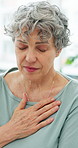 Elderly woman, chest pain or cough with cardiac arrest for heart attack, disease or illness in home. Sick, senior person or patient with respiratory infection or hypertension for high blood pressure