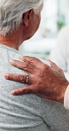 Shoulder, hands and support with old couple in hospital for terminal diagnosis, empathy and healthcare. Medical, help and comfort with senior patient in clinic for care, trust and cancer result