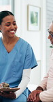 Nurse, old man and smile with clipboard for consultation, writing and questions for symptoms. Happy woman, healthcare professional and senior patient with wellness checklist, report or talk at clinic