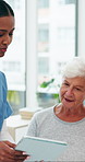 Senior, couple or tablet with nurse in home for healthcare, assisted living or health advice. Caregiver, nursing or discussion with technology, elderly man and woman for results or diagnosis in house