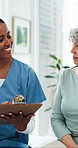 Nurse, old woman and smile with clipboard for discussion, notes or questions for medical report. Elderly person, healthcare professional and happy with wellness, checklist and consultation at clinic