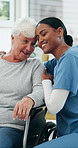 Wheelchair, hug and caregiver with senior woman in nursing home for support, care and connection. Retirement, healthcare and nurse with elderly person with disability for embrace, empathy and trust