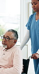 Woman, nurse and senior with wheelchair for assisted living, support or mobility in hospital. Female person, caregiver or walking elderly person with a disability for healthcare or recovery in clinic