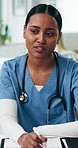 Hospital, talking and doctor with paperwork in office for consulting, health service and diagnosis. Healthcare, nurse and woman with patient for appointment, insurance and wellness report in clinic