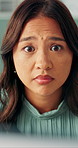 Surprise, computer and business woman in office with news, article feedback or reading information. Shock, Asian person and journalist in workplace with tech to review draft, column and story