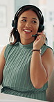 Contact us, headset and smile of woman in call center for assistance, help or virtual support. Consulting, customer service and feedback with happy employee in agency workplace for problem solving