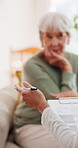 Hands, nurse and consulting old woman with clipboard for health checkup, questions or assessment. Home, caregiver or checklist with senior person for wellness evaluation, insurance or medical support