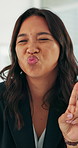 Face, woman and pout in office with peace sign, emoji and funny personality for advertising career. Happy, female person and v gesture in creative agency with comedy, joke or humor for marketing job.