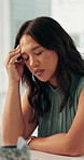 Stress, headache and business woman in office with burnout, workload pressure or project fail. Migraine, pain and tired employee at work with mental exhaustion, brain fog or overwhelmed with mistake