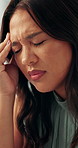 Pain, headache and business woman in office with burnout, workload pressure and reflection. Migraine, stress and tired employee at work with mental exhaustion, brain fog or thinking of mistake