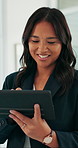 Tablet, investor and woman in office, typing and email for investment deal, smile and internet. Japanese person, employee and financial advisor in workplace, tech and research for trading portfolio