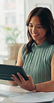 Woman, smile and scroll in office with tablet, review proposal and campaign for digital marketing. Happy, person and check project in workplace with tech, research and website for online advertising.
