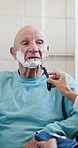 Helping hand, caregiver or old man in house with shaving, grooming help or cleaning in assisted living. Retirement, volunteer and senior person with razor, wellness routine and support in homecare.