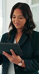 Planning, business or woman with tablet in office, investment or venture evaluation for profitability. Market research, reading proposal or wealth manager with online risk assessment, smile or tech