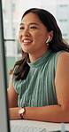 Computer, earphones or business woman in office with radio, reading review or social media post. Music, person or happy marketer at work with streaming service, audio subscription or content creation