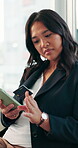 Credit card, online shopping and phone with business woman in office for payment or transaction. App, bank transfer and ecommerce with employee person in workplace for digital checkout or purchase