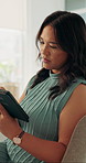 Journalist, woman and scroll in office with tablet, review story and submission for media publication. Writer, person and reading in workplace with tech, research and check news report for website.