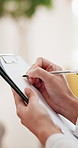 Clipboard, writing and hands of psychologist in office for mental health, conversation or assessment. Medical report, documents and therapist with notes on paperwork for counseling session in clinic.