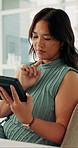 Journalist, woman and thinking in office with tablet, review story and submission for media publication. Writer, person and reading in workplace with tech, research and remember idea for news report.