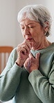 Senior, woman and cough with chest pain for heart attack or cardiac arrest in retirement home. Sick, elderly or female person with illness, bronchitis or respiratory virus for asthma or acid reflux