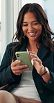 Happy, businesswoman and scroll in office with phone, good news and email alert for real estate listing. Realtor, person and smile in workplace with tech, typing and text message for property sale.