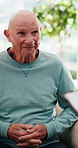 Senior, man and talking with therapist for mental health, discussion or therapy session in home. Elderly, male person or client talking with psychologist for helpful advice, counseling or assistance