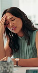 Pain, headache and business woman at work with burnout, workload pressure and project fail. Migraine, stress and tired employee in office with mental exhaustion, brain fog or overwhelmed with mistake