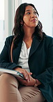 Recruitment, sitting and waiting room with business woman in office for interview or job opportunity. Arrive, hiring and human resources with candidate in workplace for career development or vacancy