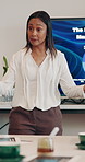 Woman, presentation and talk with screen at office meeting for insight, review or marketing at company. Mature person, speaker and monitor with feedback, discussion and pitch at digital agency