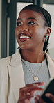 Thinking, smile and black woman with tablet in office for research, email client and real estate. Realtor, female person and tech with schedule for property price, online inquiry and resale listing