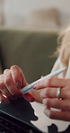 Laptop, stylus or hands for online writing, sketching input or electronic pen for creative editing. Technology, smart accessory or woman with tool, fine control or screen gadget for virtual drawing.