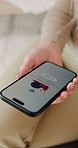 Woman, hands and phone screen with bad connection for network error or slow internet in home. Female person, user or UI with mobile smartphone display or app for reconnect, system fail or poor signal