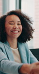 Woman, handshake and excited with success at office for motivation, goals or thanks at insurance company. People, shaking hands and happy for deal, feedback and celebration at risk management agency