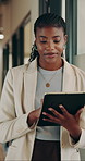 Scroll, business and black woman with tablet in office for research, email client and real estate. Realtor, female person and tech with schedule for property price, online inquiry and resale listing