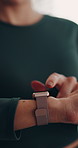 Smart watch, fitness and hands of woman swipe for tracking stats, heart rate or training performance. Cardio, health and person with sports app for monitoring steps with wellness, active or exercise.