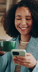 Woman, smile and phone for texting at cafe with coffee cup, relax and notification for online dating at diner. Person, happy and typing with drink, mobile app or chat on social network at diner