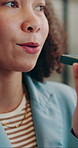Phone call, speaker and business woman in office for recording, voicemail and reminder. Communication, microphone and connection with employee and mobile in creative agency for feedback and chat