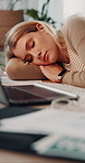 Sleeping, woman and student with laptop in home with studying for exam, test or assignment. Tired, computer and female person with university project deadline with burnout, fatigue or exhaustion.