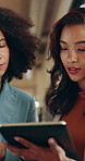 Team, business and women with tablet in office for research, email discussion and real estate. Realtor, female people and tech with collaboration for property price, online inquiry and resale listing