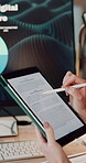Hands, university student or reading tablet screen in home for thesis review, chapter editing or study. Elearning, girl and tech with stylus for college assignment, fact checking essay and education