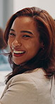 Woman, face and smile at office for meeting with confidence, team and career at finance agency. Person, happy and broker in portrait for asset management, job and boardroom at investment company